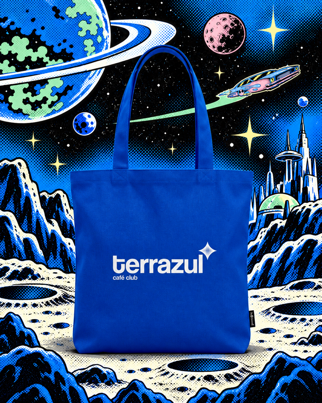 Totebag azul Terrazul - Café club con logo blanco